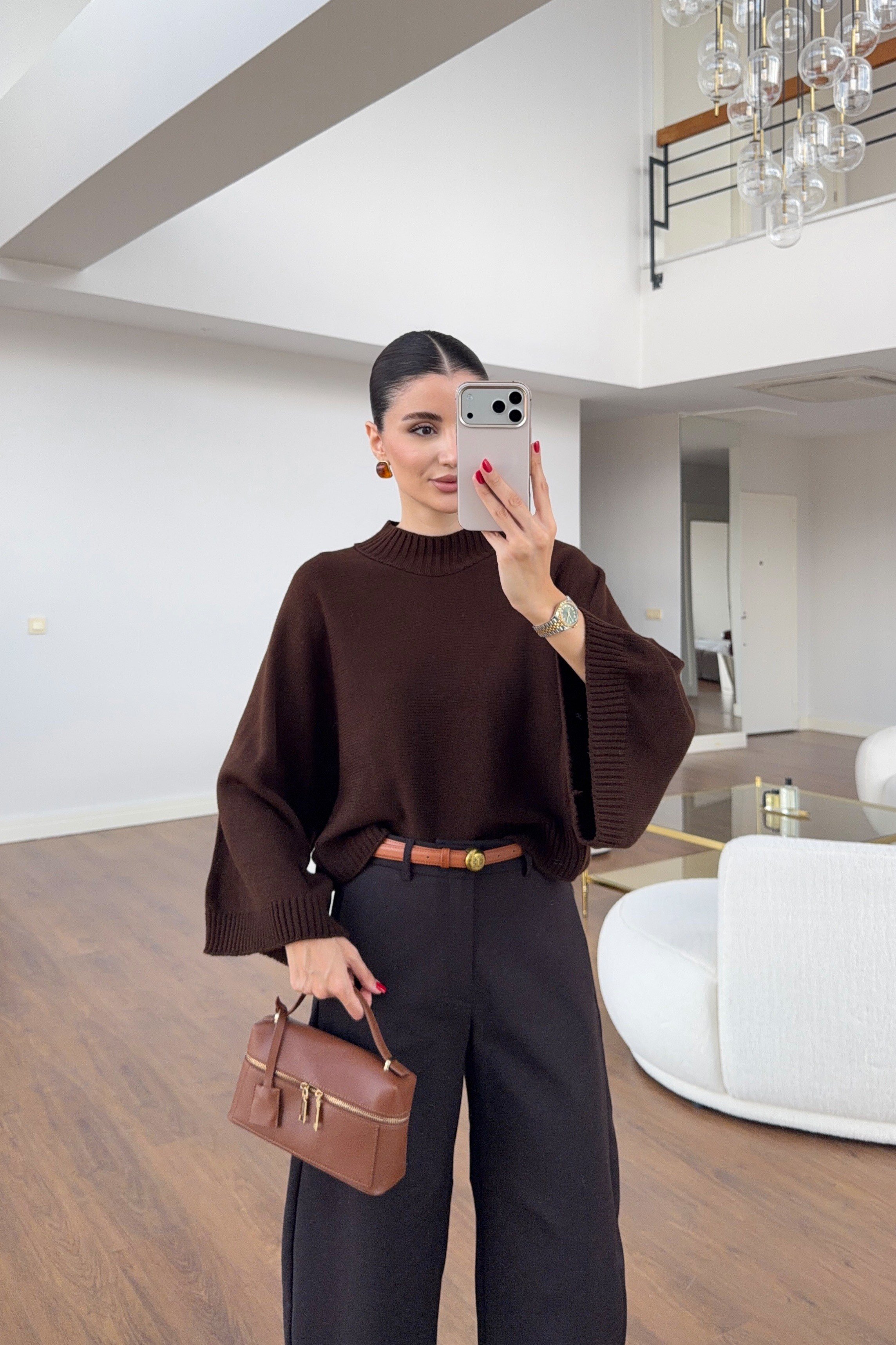 Yarım Balıkçı Yarasa Kol Oversize Kahve Triko Kazak