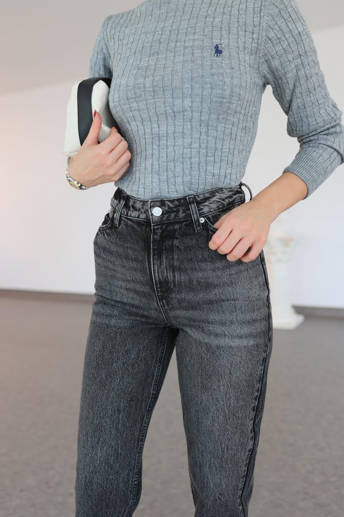 Yıkamalı Antrasit Mom Jean