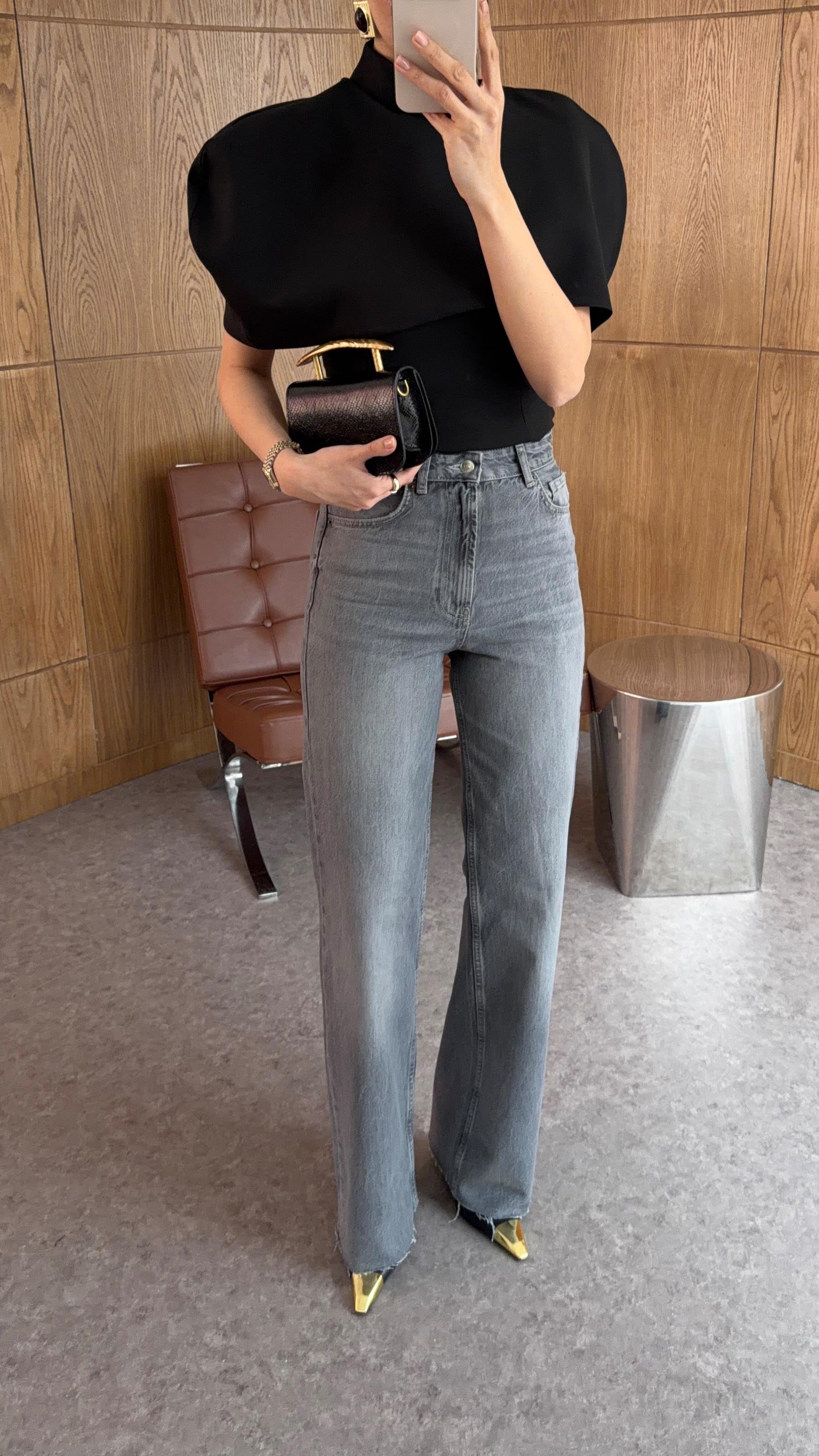 Yıkamalı Kesik Paça Yüksek Bel Gri Jean