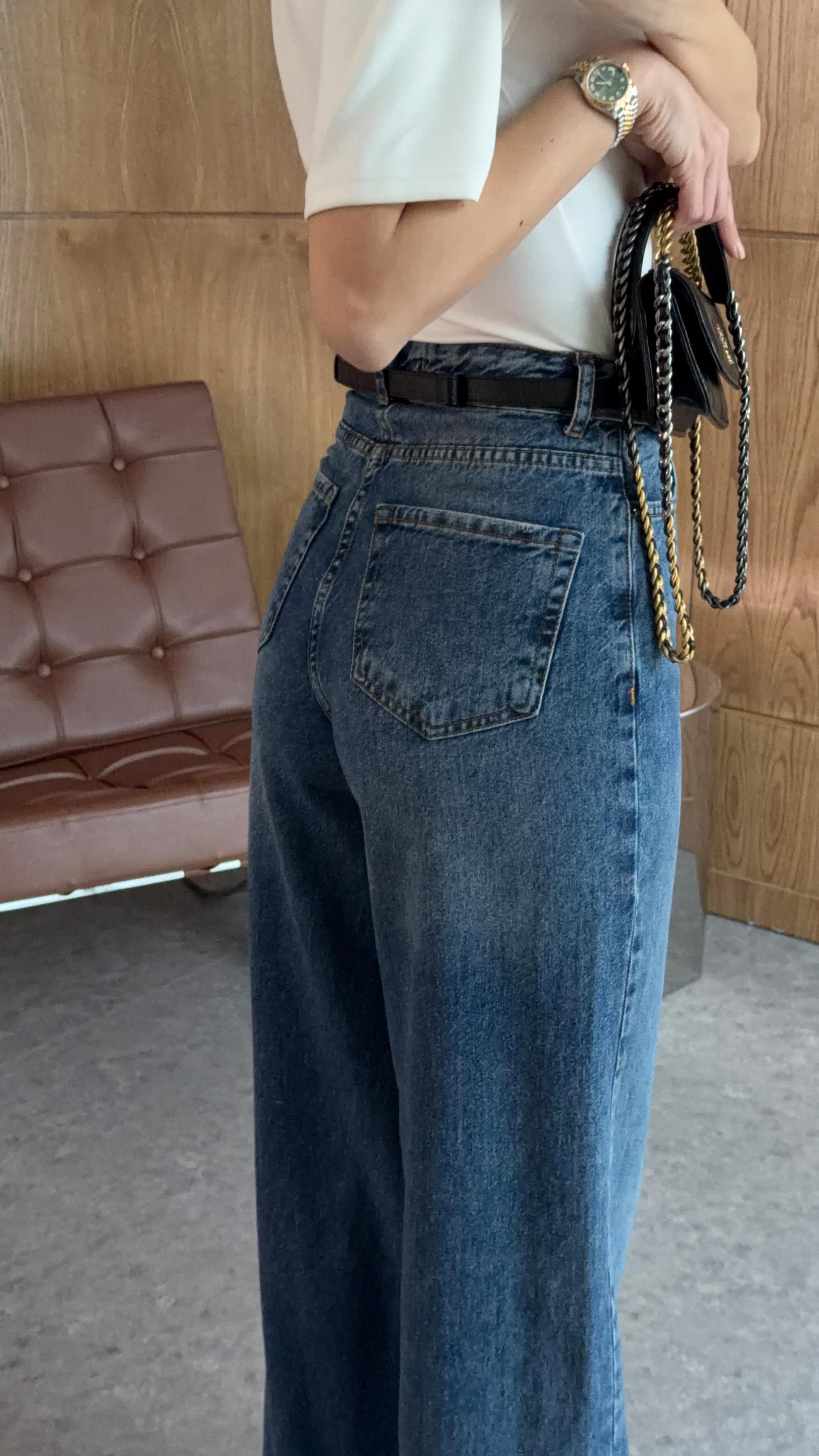 Yıkamalı Koyu Mavi Wide Leg Jean