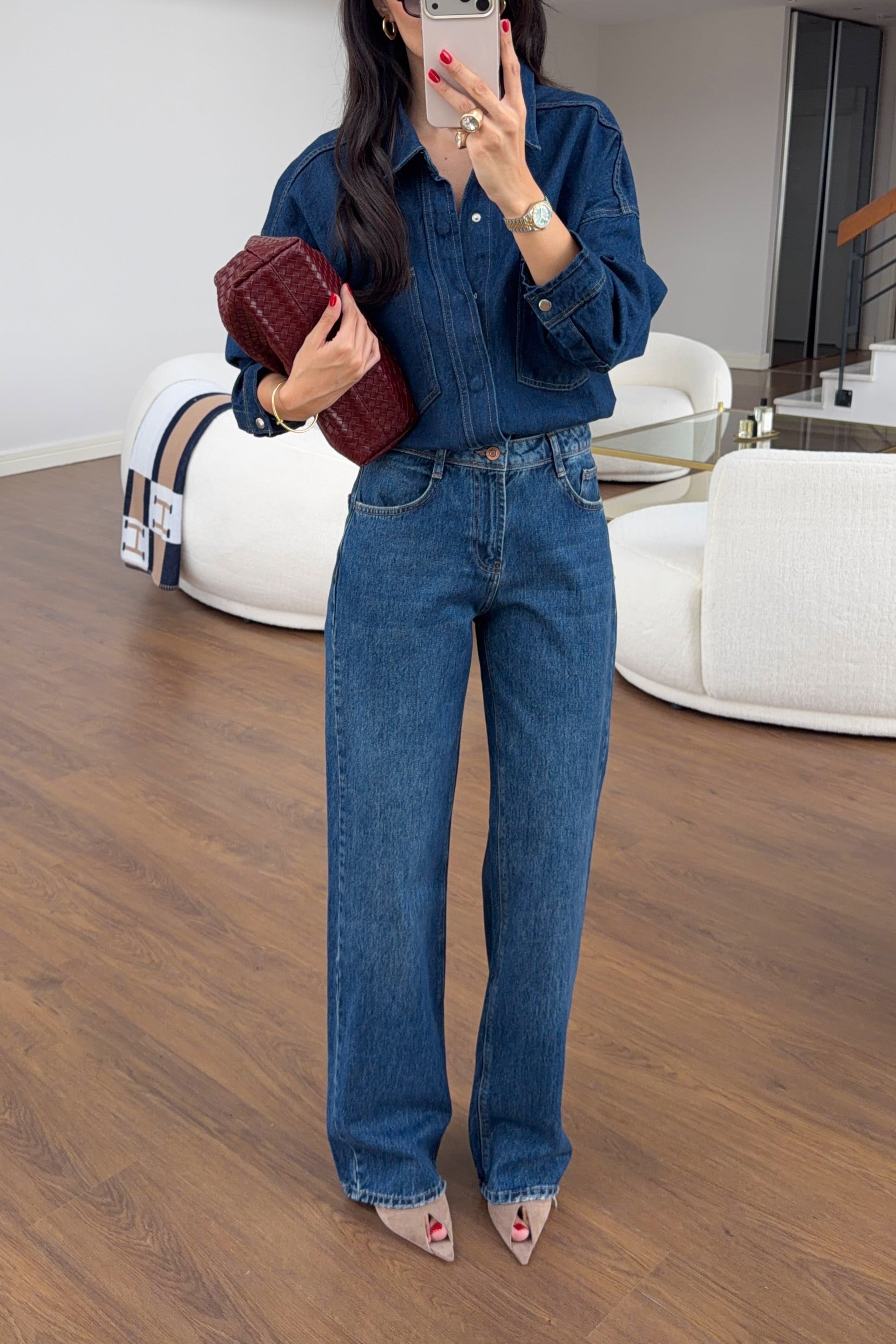 Yıkamalı Lacivert Cep Nakışlı Straight Fit Jean