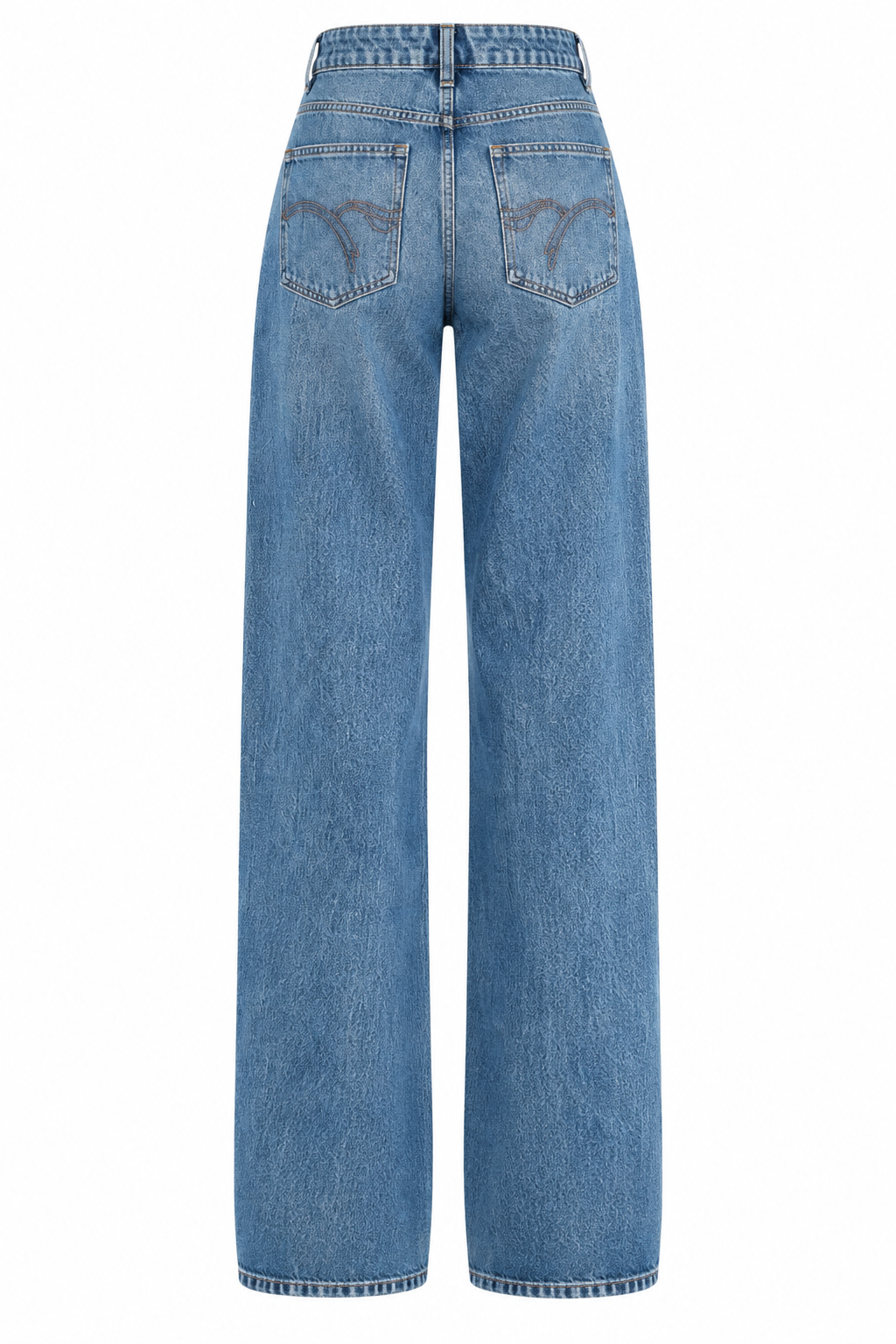 Yıkamalı Mavi Cep Nakışlı Straight Fit Jean