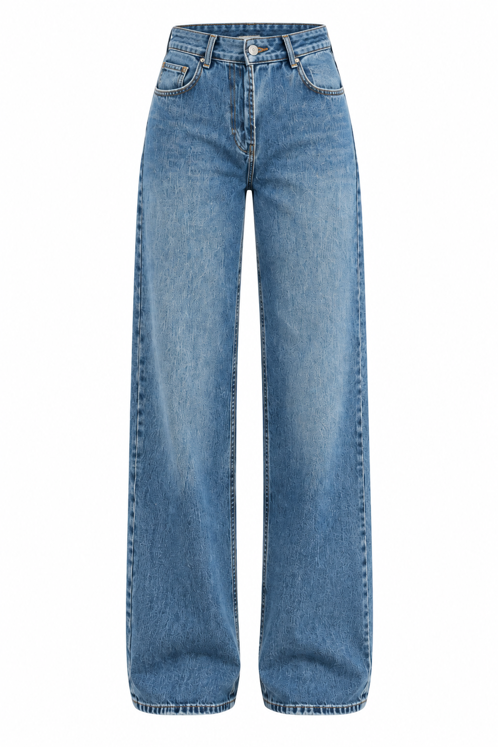 Yıkamalı Mavi Cep Nakışlı Straight Fit Jean