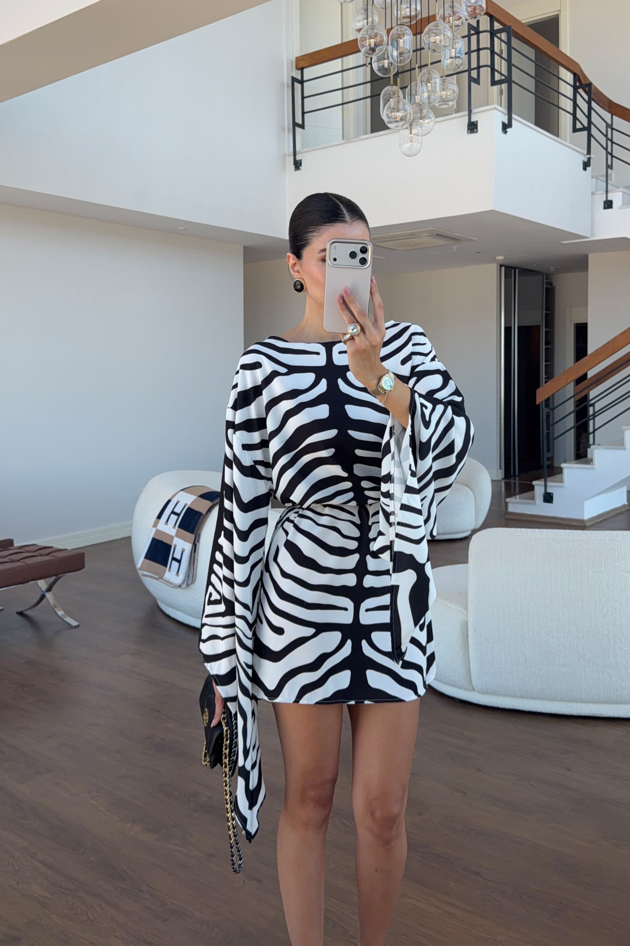 Zebra Desenli Yarasa Kol Mini Elbise