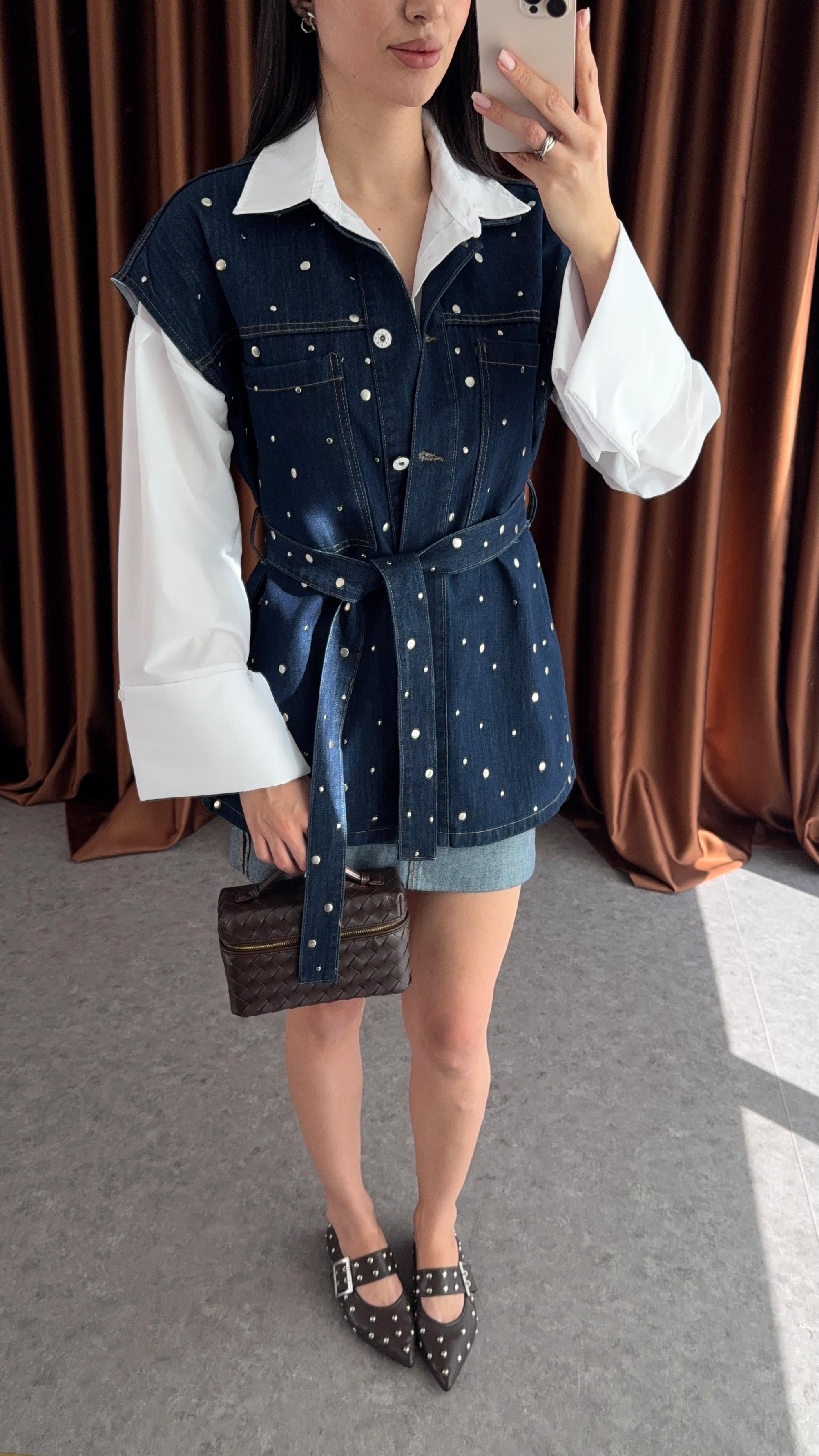 Zımbalı Denim Yelek