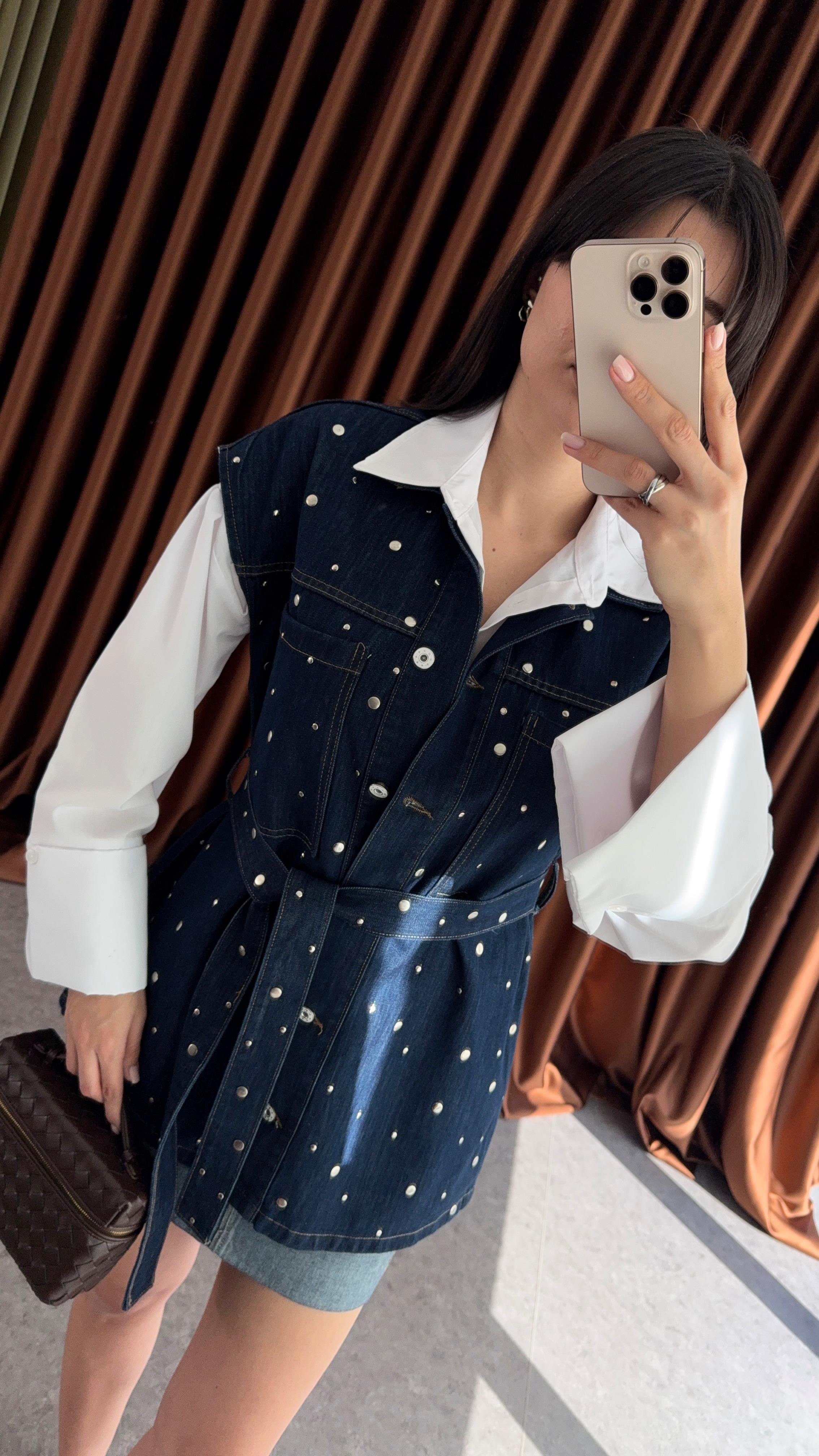 Zımbalı Denim Yelek