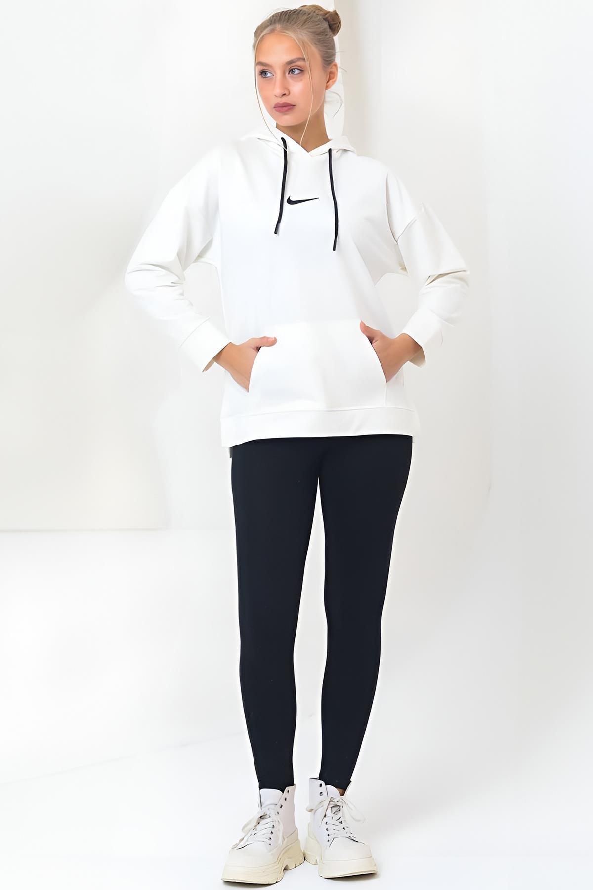 Ekru Oversize Kapşonlu Cepli Sweat Nk Mrt-M3119
