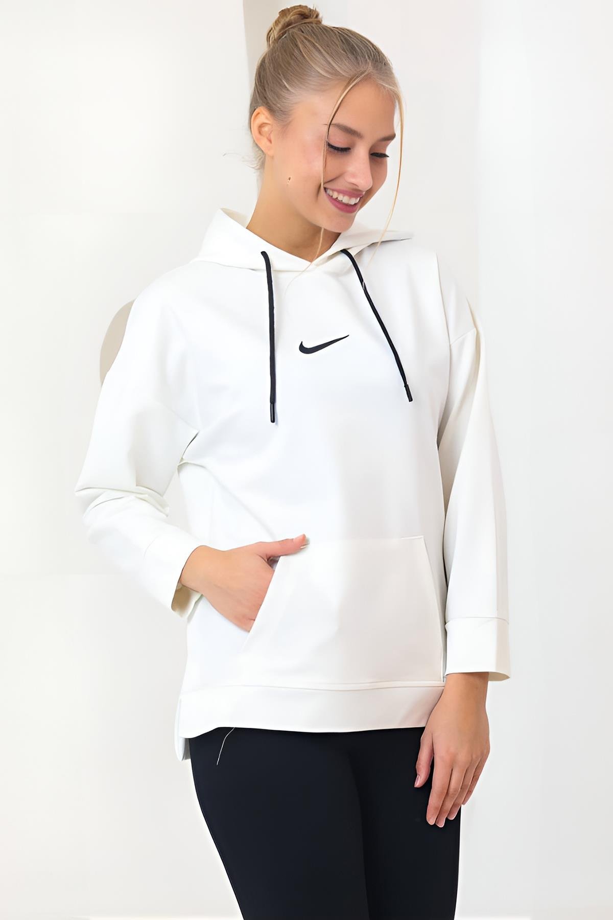 Ekru Oversize Kapşonlu Cepli Sweat Nk Mrt-M3119