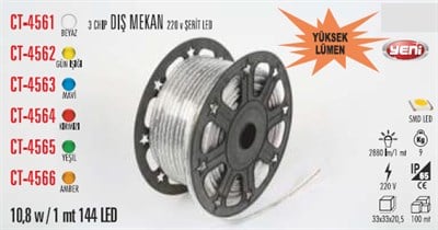 CT4561 10.8W/1mt BEYAZ 3ÇİP DIŞ MEKAN ŞERİT LED 220V CATA