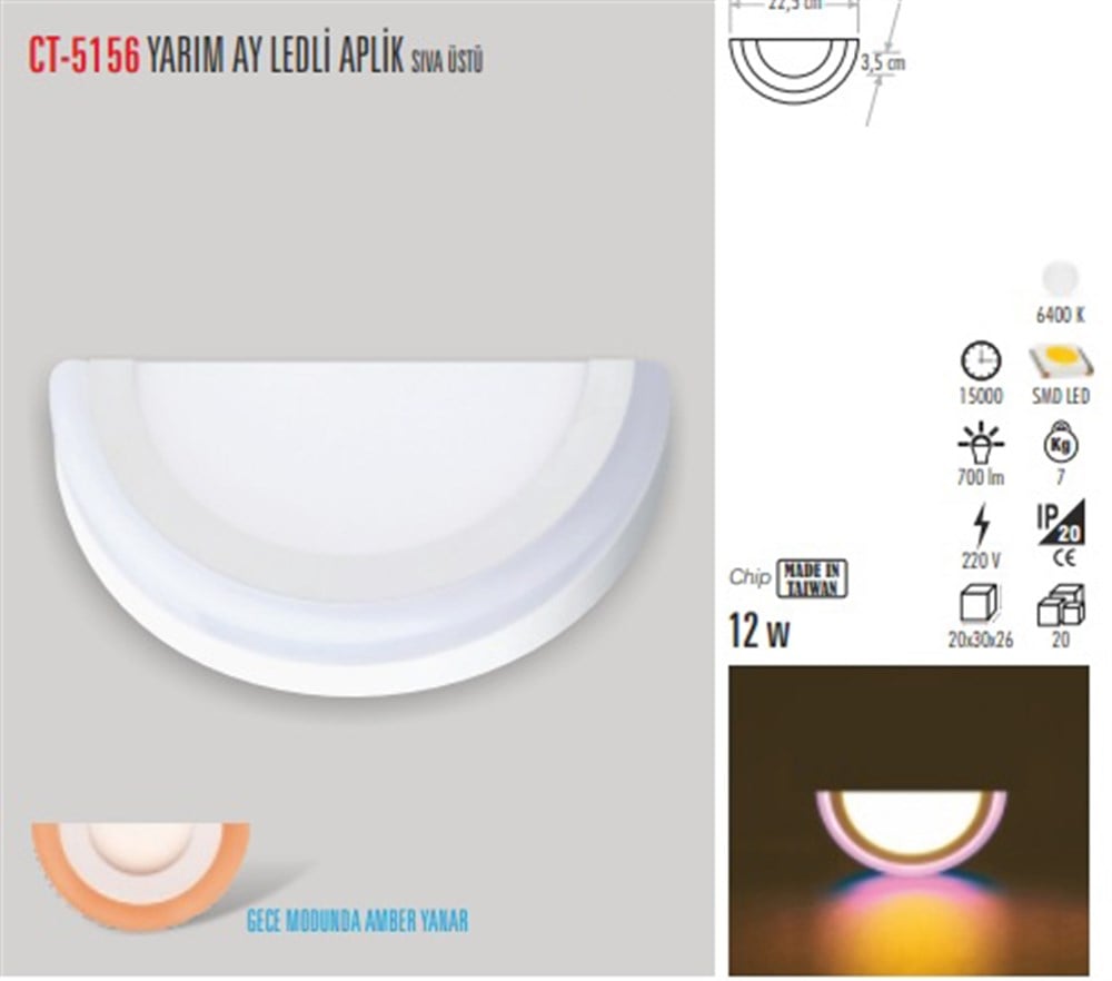 CT5157 OKYANUS YARIM AY LEDLİ 12W BEYAZ SIVA ÜSTÜ APLİK CATA