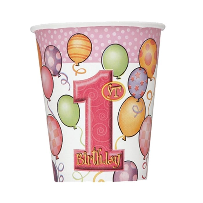 1 Yaş Doğum Günü Balonlar Temalı Pembe Kız Bardak - 8 Adet