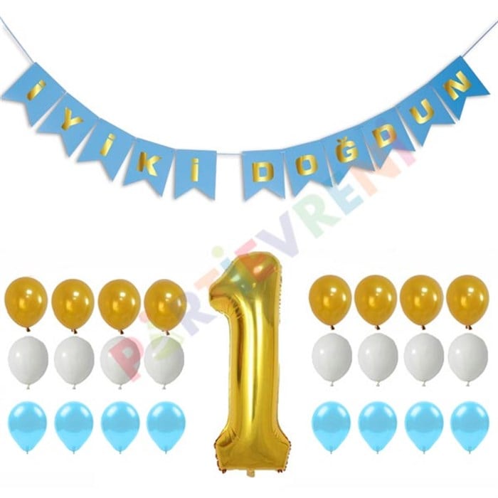 1 Yaş Doğum Günü Konsepti Balonlu Set Mavi