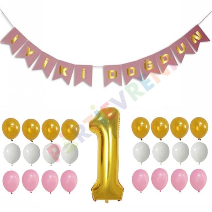 1 Yaş Doğum Günü Konsepti Balonlu Set Pembe