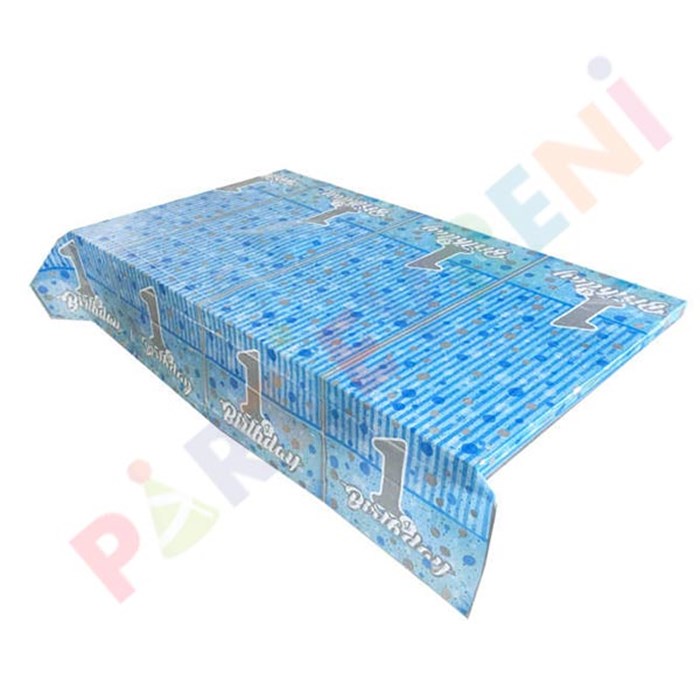 1 Yaş Doğum Günü Pırıltılı Mavi Masa Örtüsü - 120 cm x 180 cm