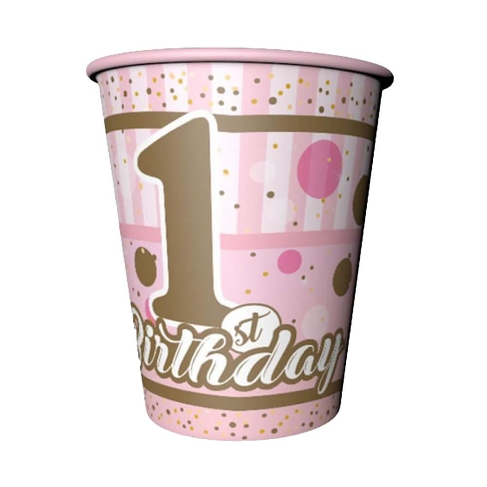 1 Yaş Doğum Günü Pırıltılı Temalı Pembe Bardak 8 Adet