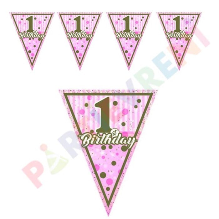 1 Yaş Doğum Günü Pırıltılı Temalı Pembe Gri Bayrak Set - 3.20 cm