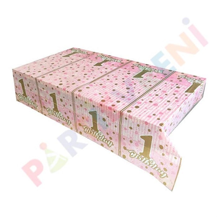1 Yaş Doğum Günü Pırıltılı Temalı Pembe Masa Örtüsü - 120 cm x 180 cm