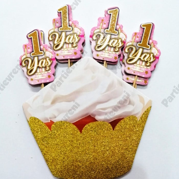 1 Yaş Doğum Günü Premium Pembe Kürdan - 8 Adet