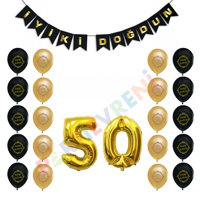 50 Yaş Siyah Altın Balon Seti