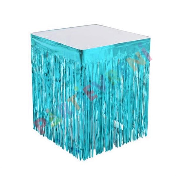 Açık Mavi Işıltılı Püsküllü Masa Eteği - 4m x 75cm