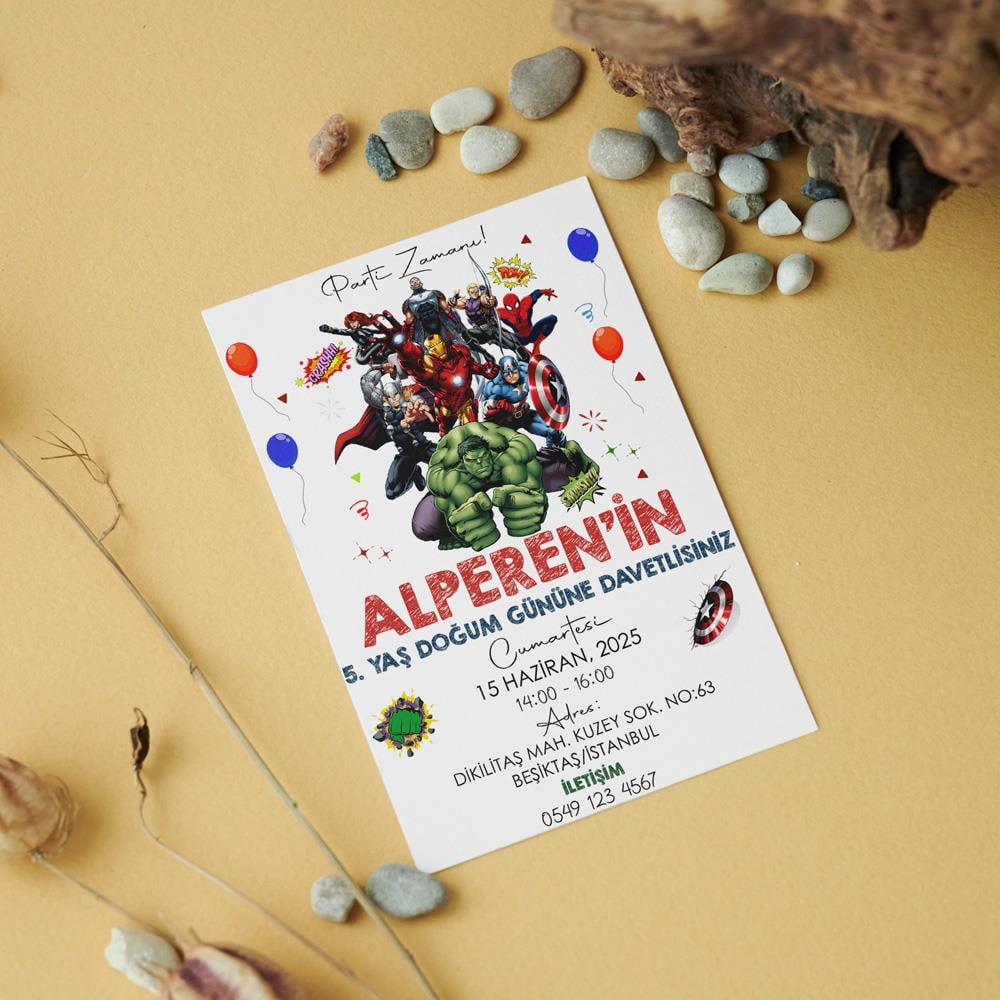 Avengers Temalı Doğum Günü Davetiyesi 8'li