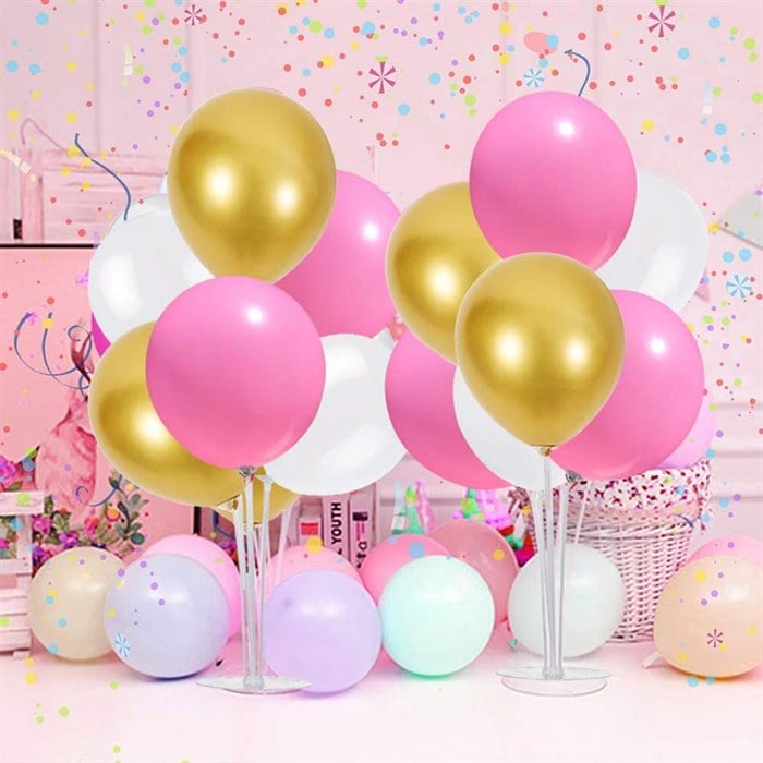 Ayaklı Balon Standı - Gold Pembe Beyaz Metalik Balonlu