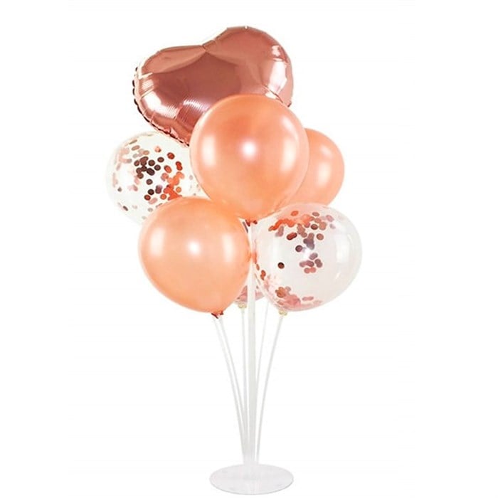 Ayaklı Balon Standı - Rose konfetili Kalp Balonlu