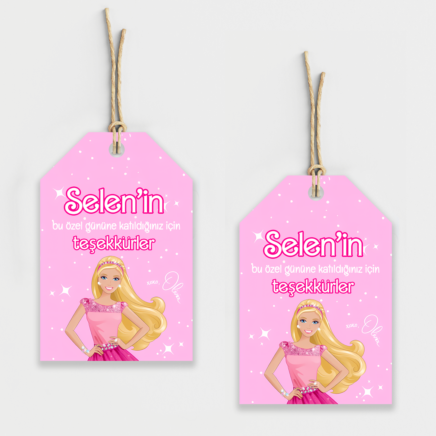 Barbie Temalı Kişiye Özel Teşekkür Kartı 8'li