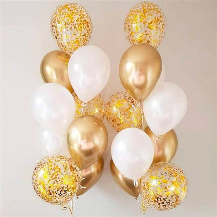 Beyaz Gold Krom Konfetili Balon Seti 24 Adet