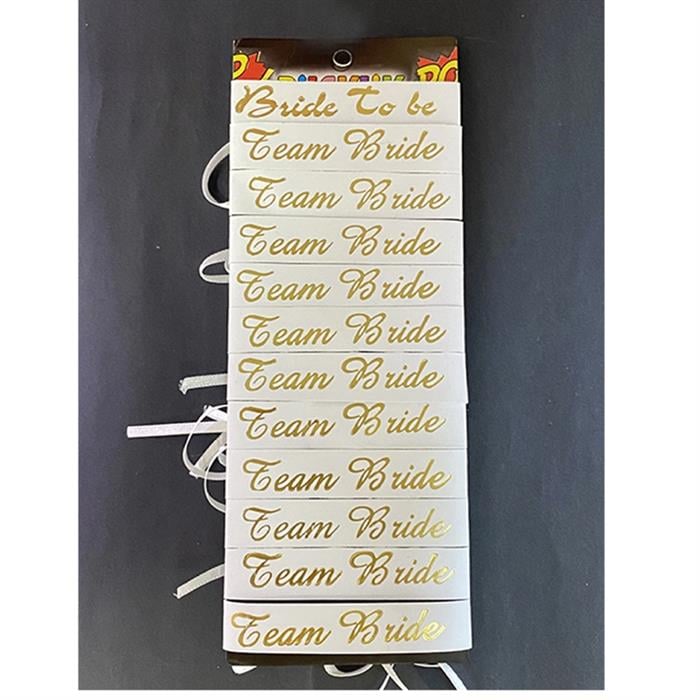 Bride To Be Bileklik - Team Bride Bileklik - Beyaz Üzeri Metalize Altın Yazılı 12'li