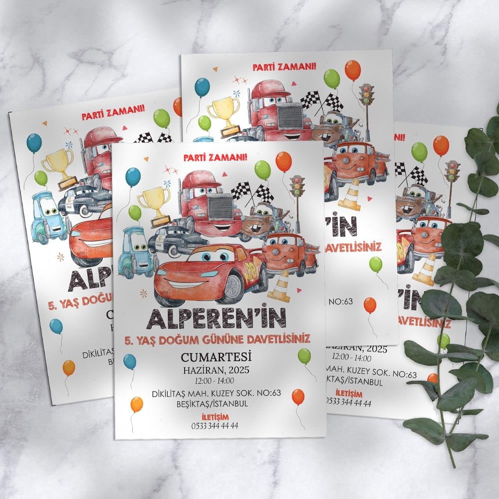 Cars Temalı Doğum Günü Davetiyesi 8'li