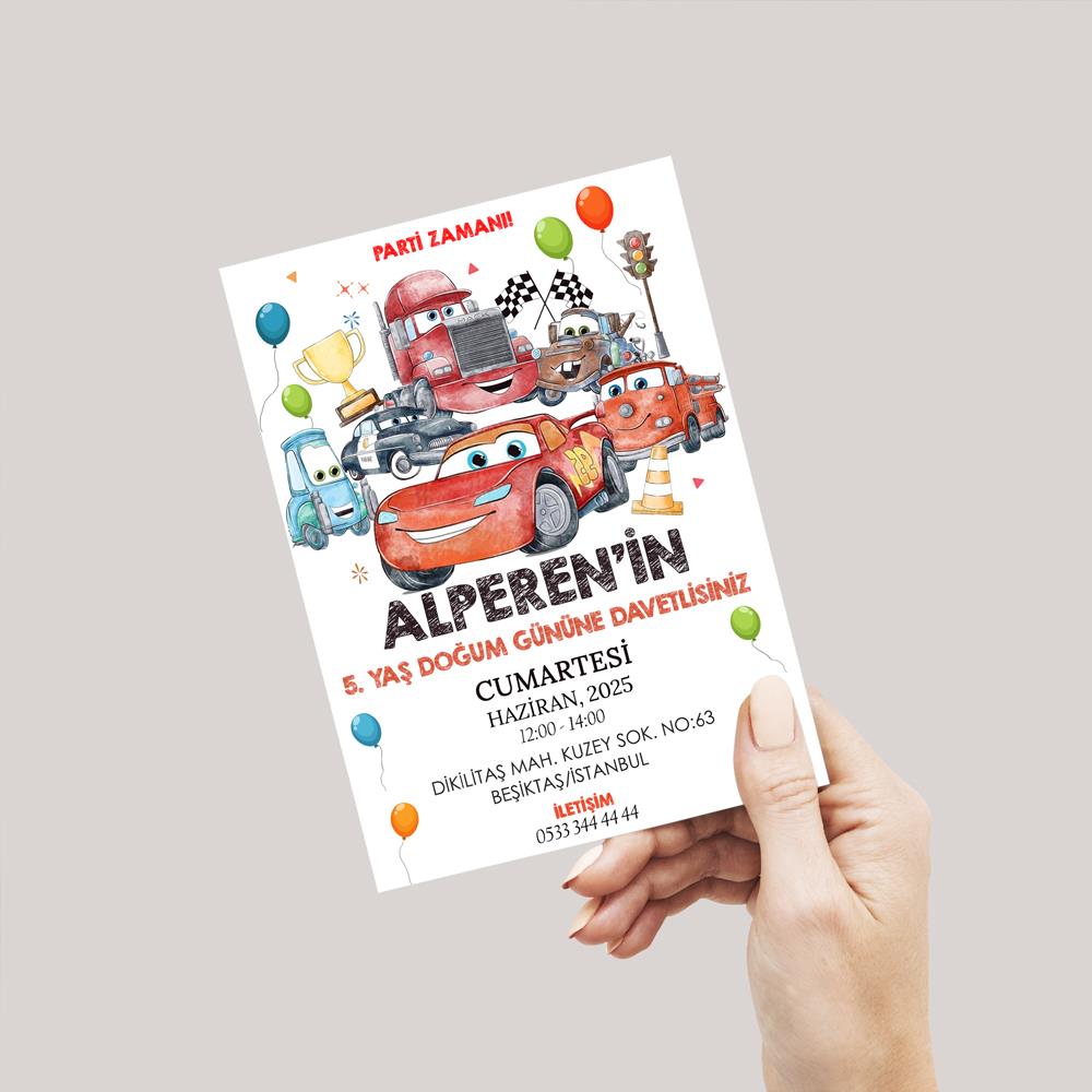 Cars Temalı Doğum Günü Davetiyesi 8'li