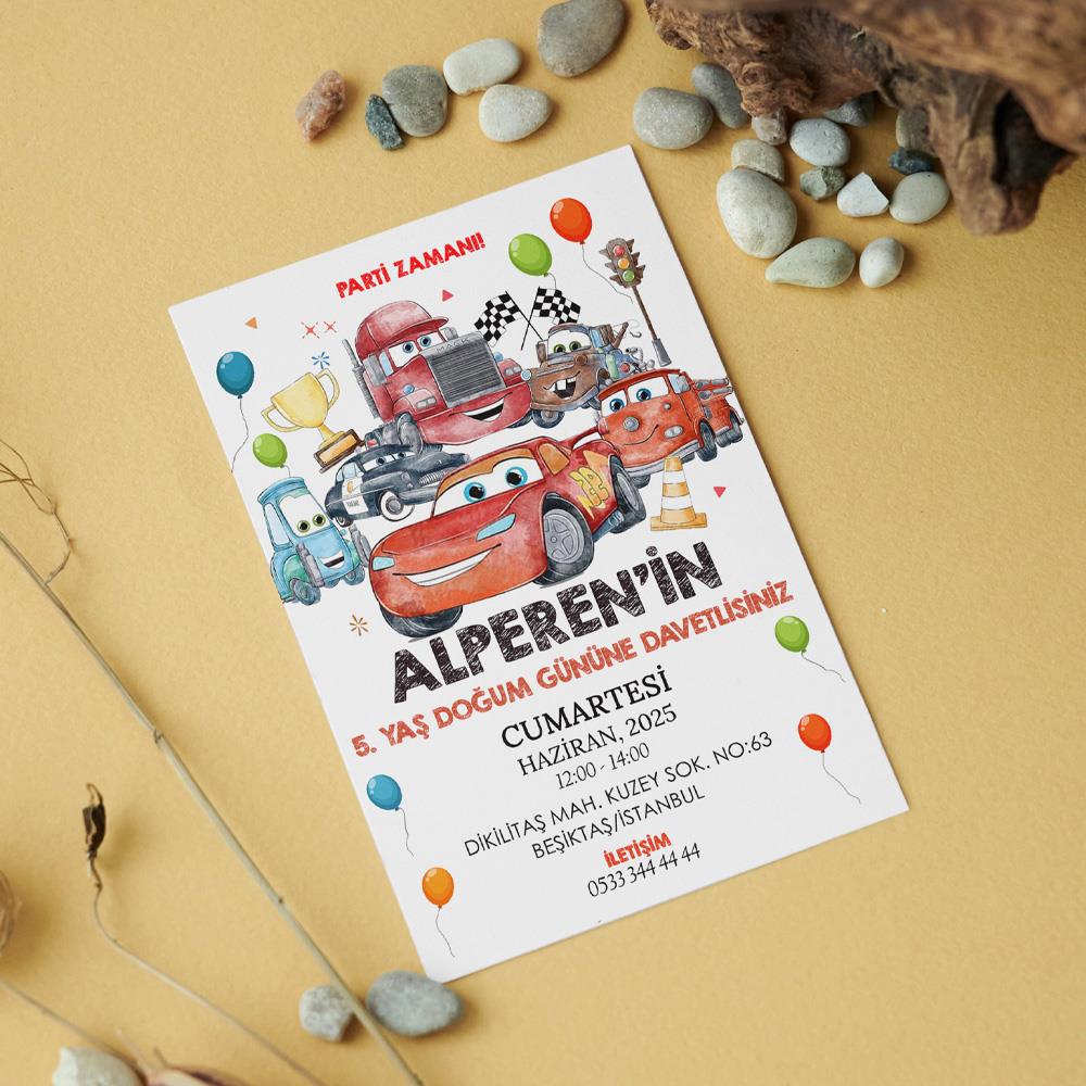 Cars Temalı Doğum Günü Davetiyesi 8'li