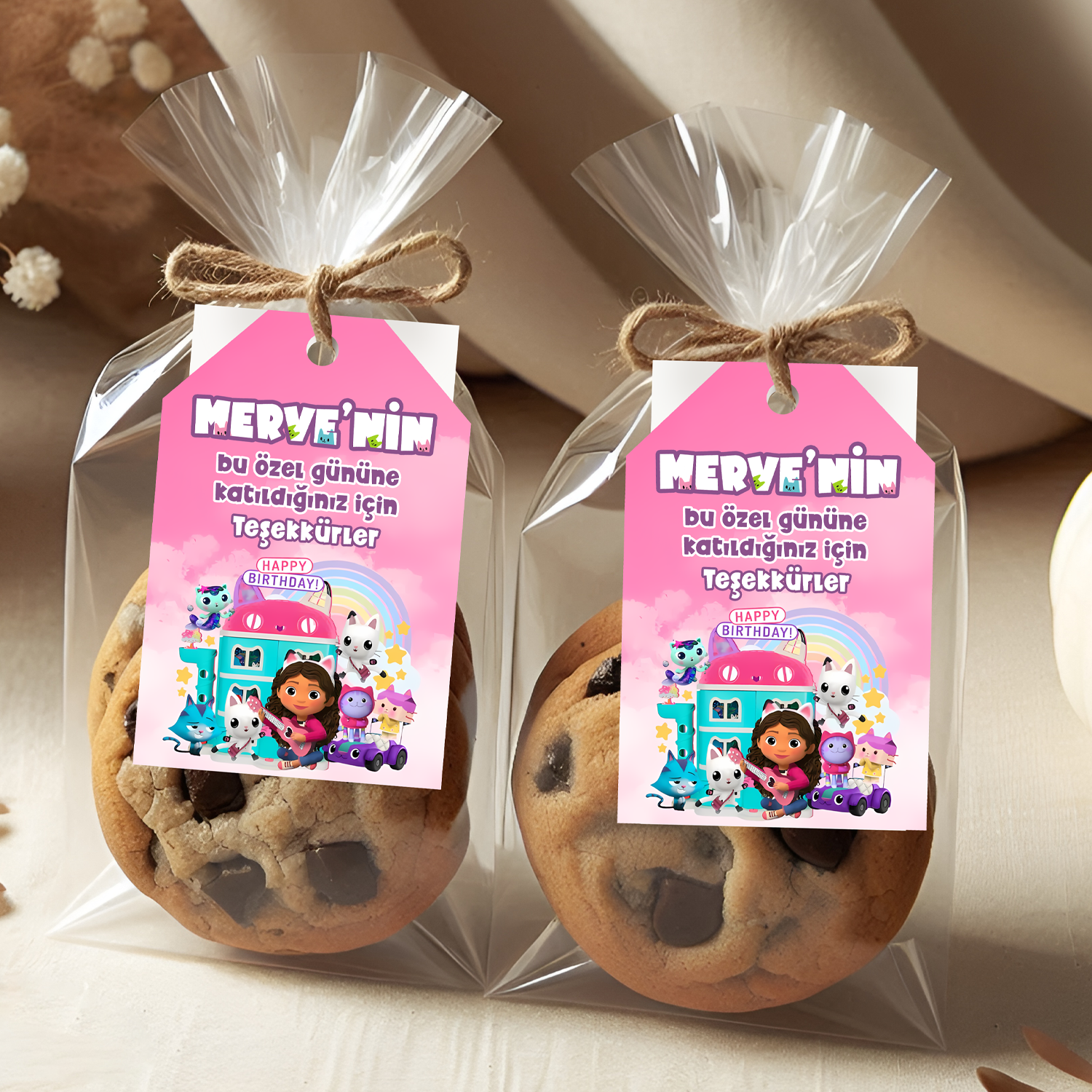 Gabby Dollhouse Temalı Kişiye Özel Teşekkür Kartı 8'li