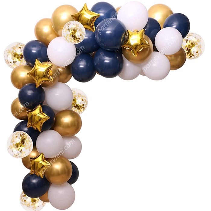 Gece Mavisi Gold Krom Beyaz Konfetili Yıldızlı Balon Zincir Seti