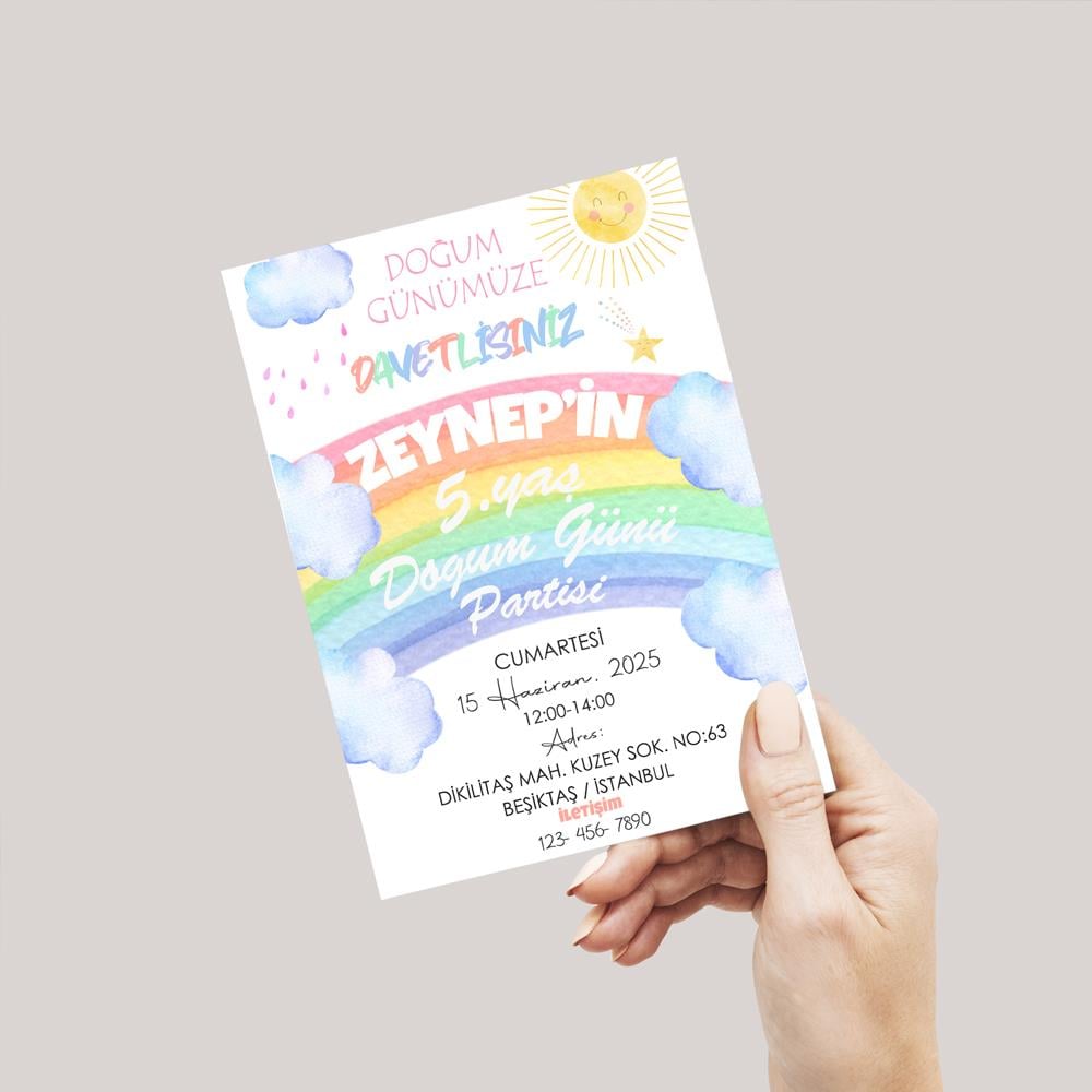 Gökkuşağı Temalı Doğum Günü Davetiyesi 8'li