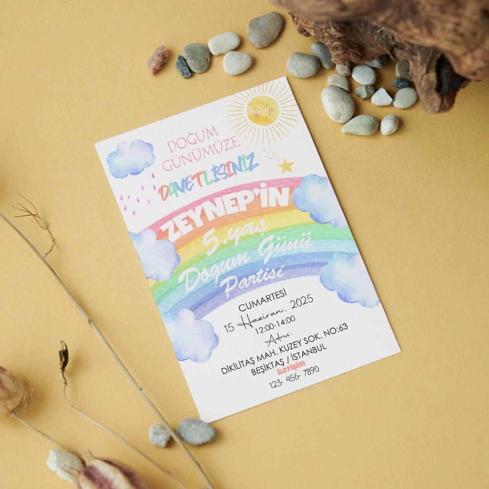 Gökkuşağı Temalı Doğum Günü Davetiyesi 8'li
