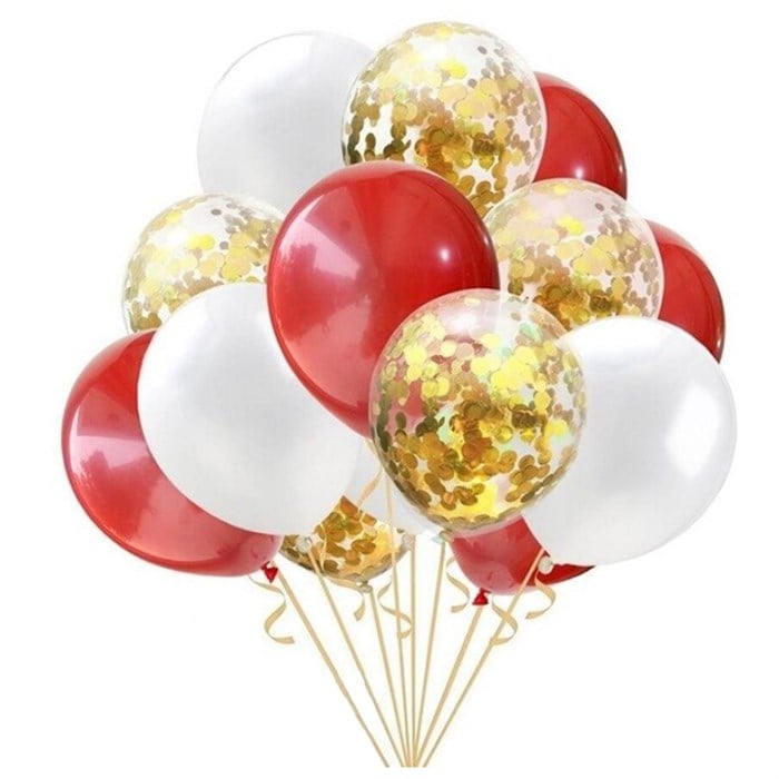 Gold Konfetili Kırmızı Beyaz Balon Seti 
