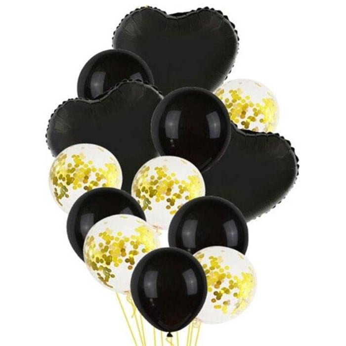 Gold Konfetili Siyah Kalpli Balon Seti