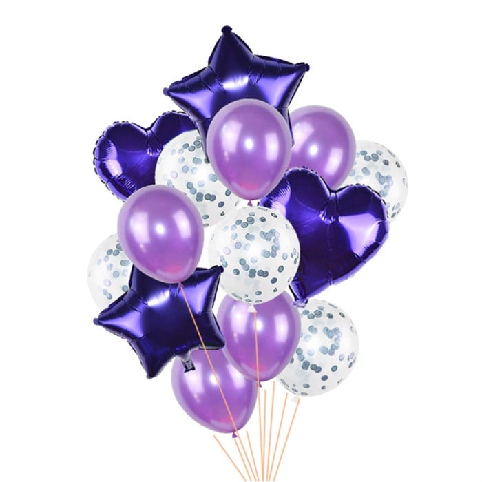 Gümüş Konfetili Mor Balon Seti - 14 Parça