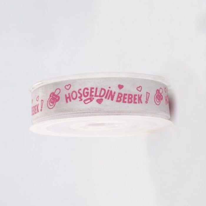 Hoşgeldin Bebek Baskılı Pembe Saten Kurdele 20 mm