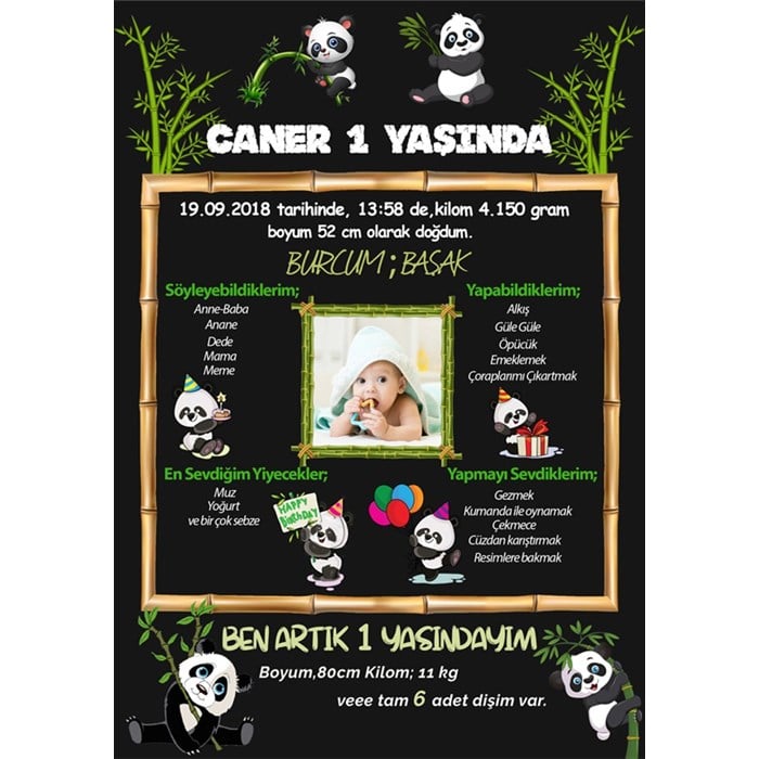 Kişiye Özel Panda Doğum Günü Afişi - 70 cm - 100 cm