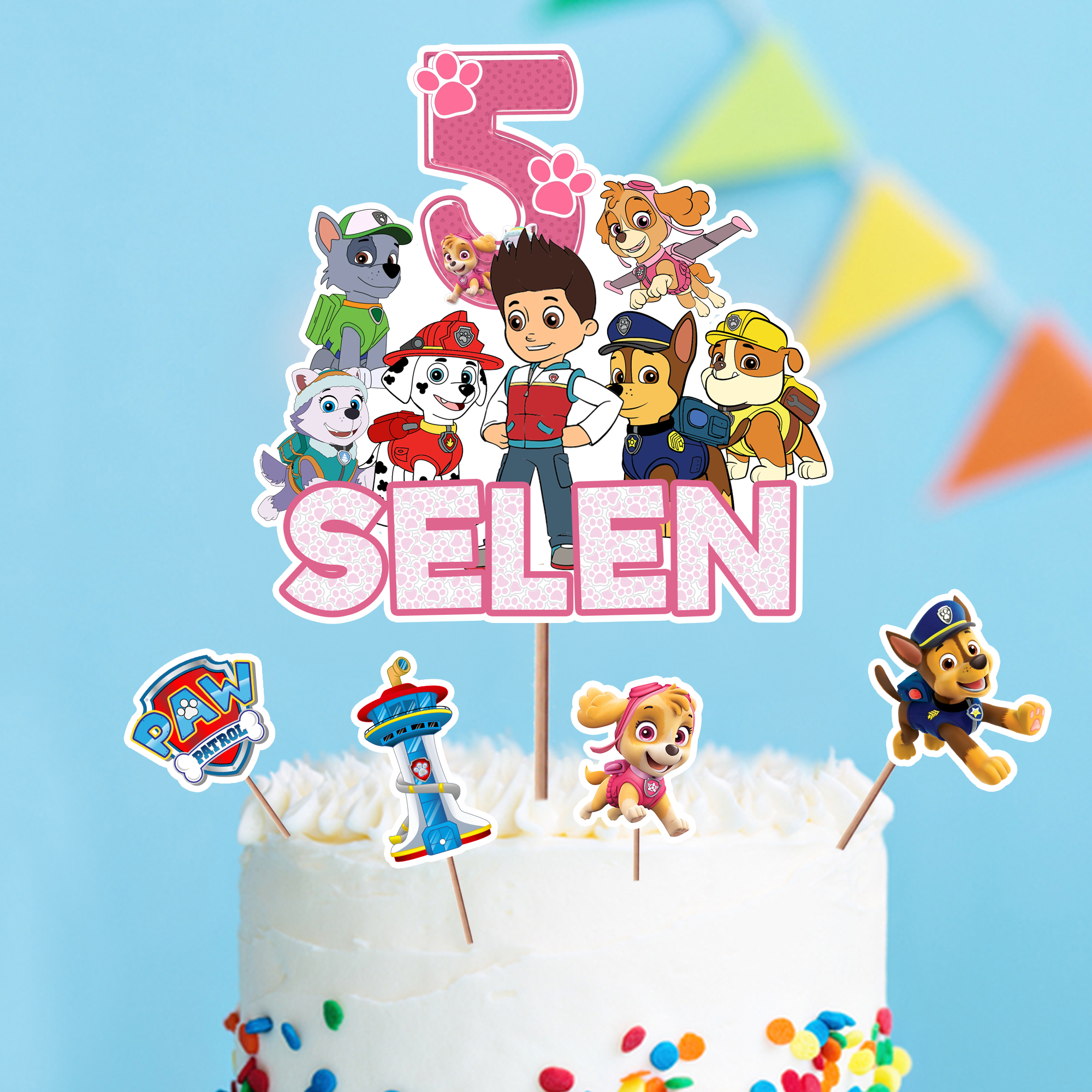 Kişiye Özel Pembe Paw Patrol Temalı Pasta Süsü Seti