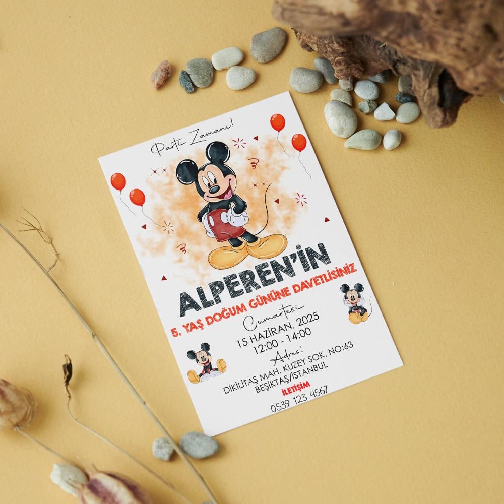 Mickey Mouse Temalı Doğum Günü Davetiyesi 8'li