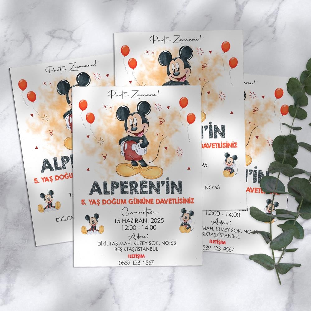 Mickey Mouse Temalı Doğum Günü Davetiyesi 8'li