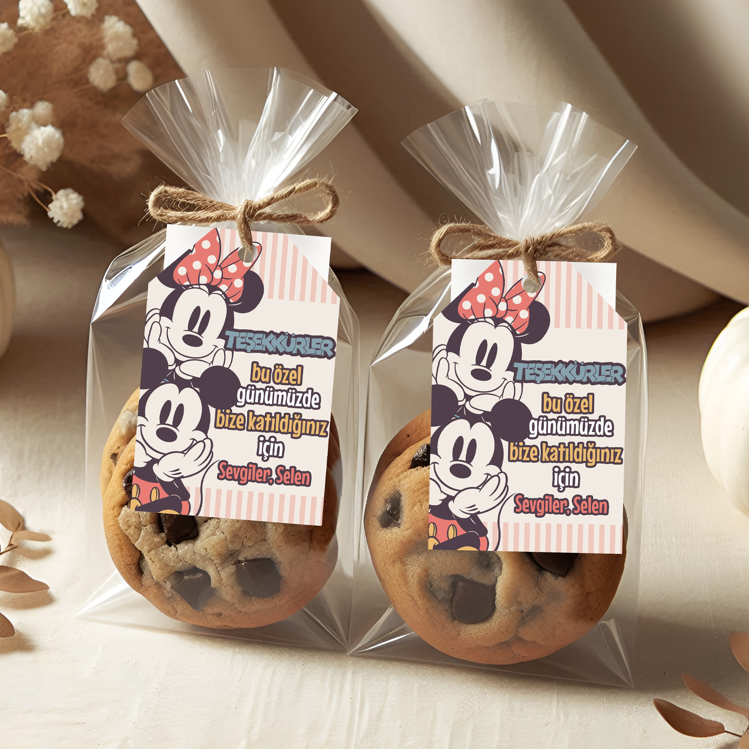 Mickey ve Minnie Mouse Temalı Kişiye Özel Teşekkür Kartı 8'li