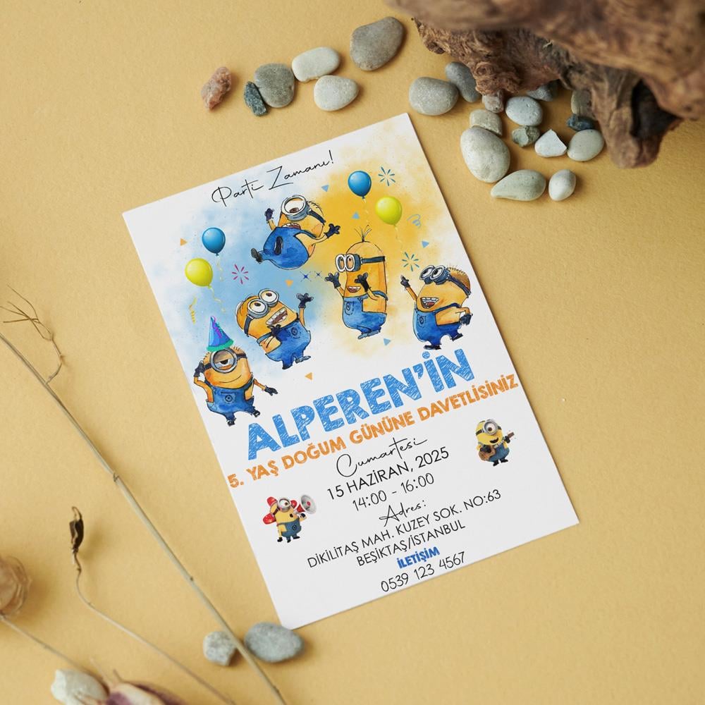 Minions Temalı Doğum Günü Davetiyesi 8'li