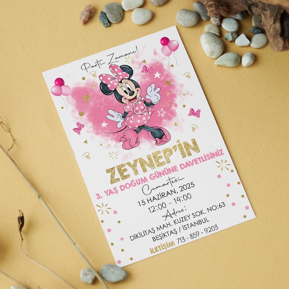Minnie Mouse Temalı Doğum Günü Davetiyesi 8'li