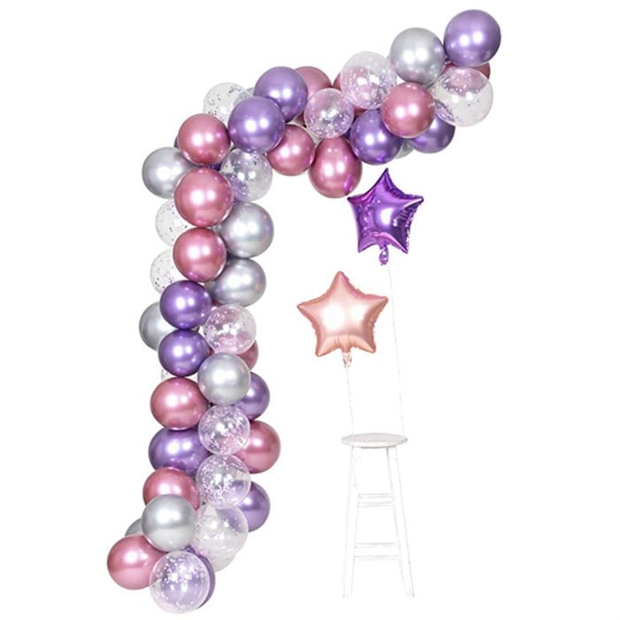 Pembe Mor Gümüş Konfetili Balon Zincir Seti 