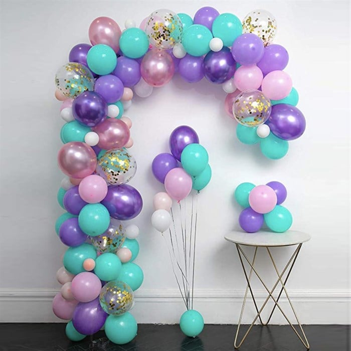 Pembe Mor Turkuaz Beyaz ve Gold Konfetili Zincir Balon Seti